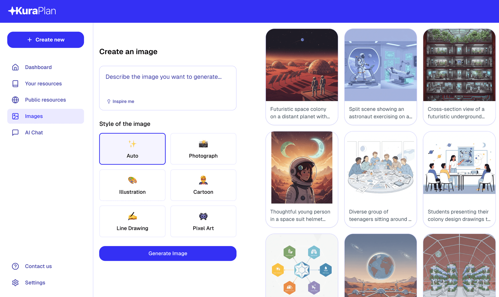 Kuraplan image generator with classroom-ready visual examples
