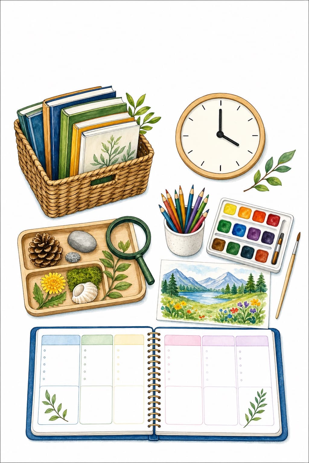A calm homeschool learning setup with books, nature study, art supplies and a flexible weekly planner