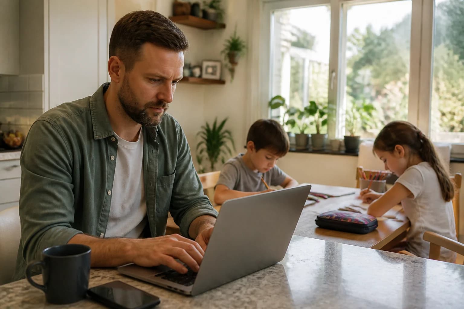 A homeschooling father working on a laptop while two children complete worksheets at the table behind him