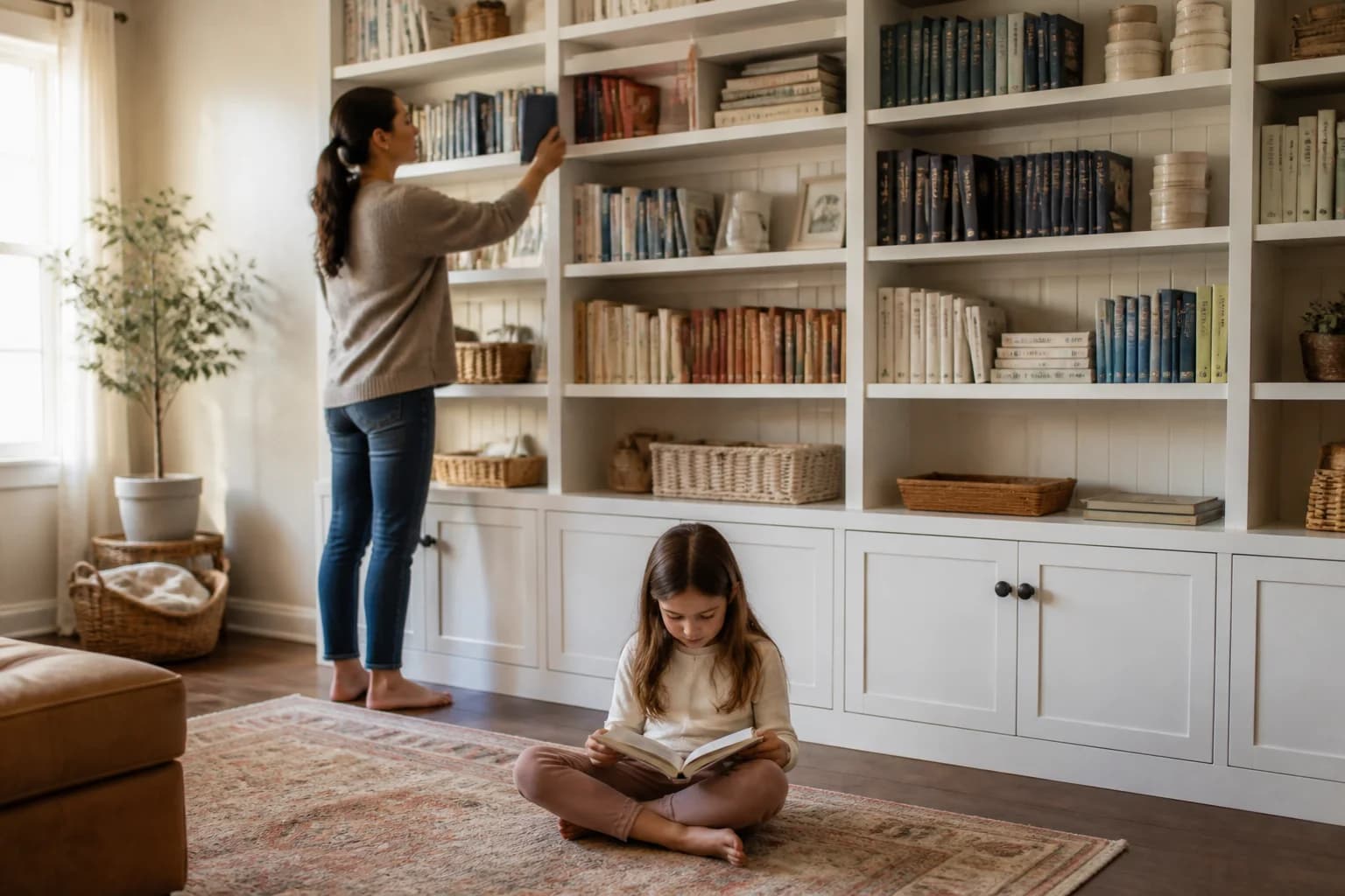 A home bookshelf of homeschool curriculum organised by subject, a parent choosing a book while a child reads below