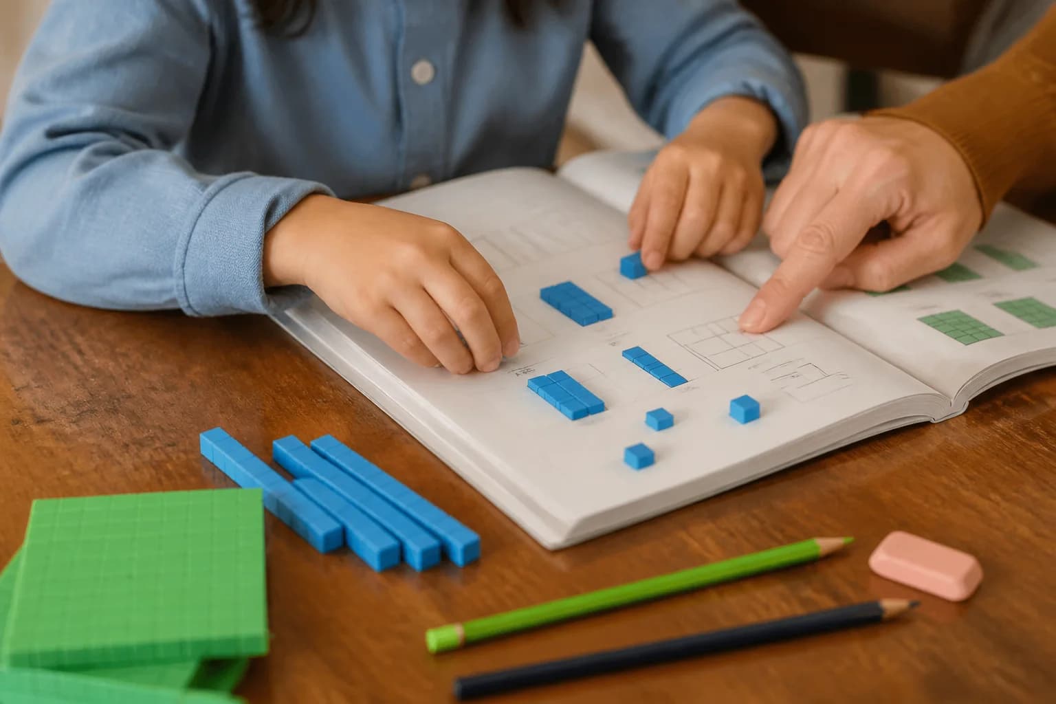 A child's hands using base-ten blocks with a math workbook while a parent points