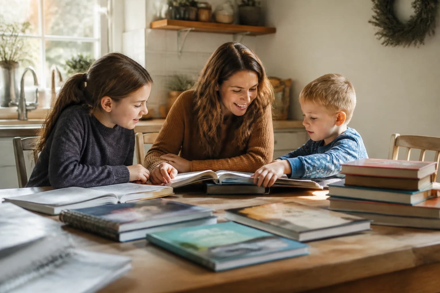 A parent and two children comparing several homeschool curriculum books at a kitchen table