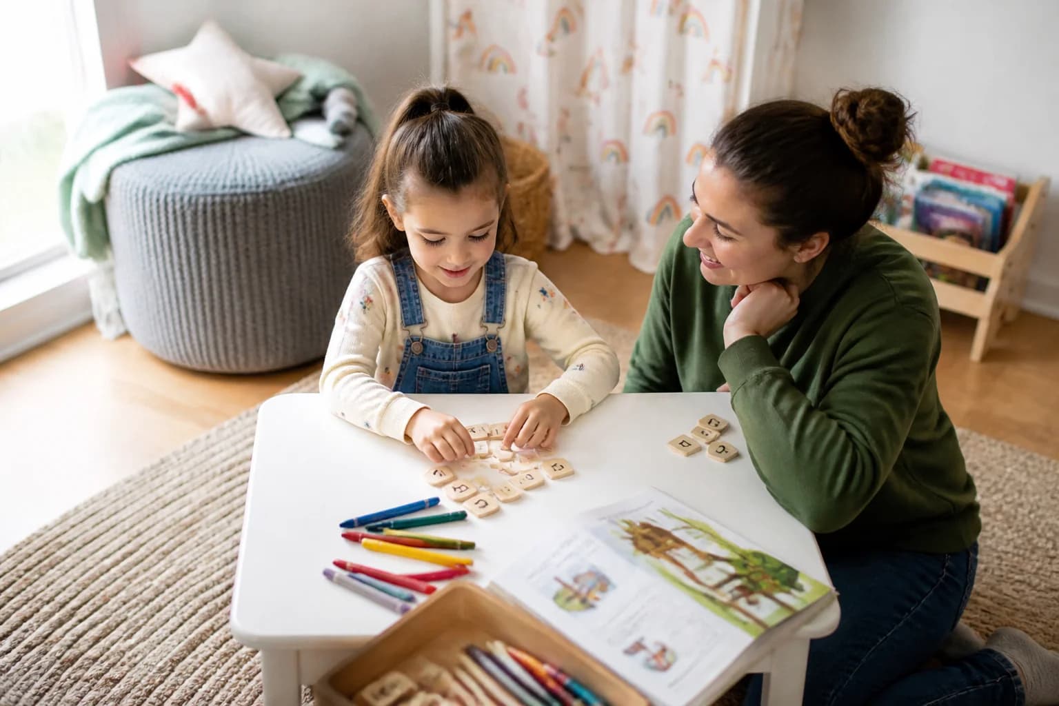 A five-year-old at a small table with letter tiles, crayons and a picture book while a parent sits beside them