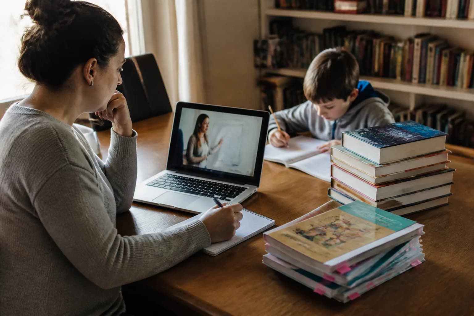 A parent at a library table with borrowed books, a laptop showing a free lesson and second-hand workbooks