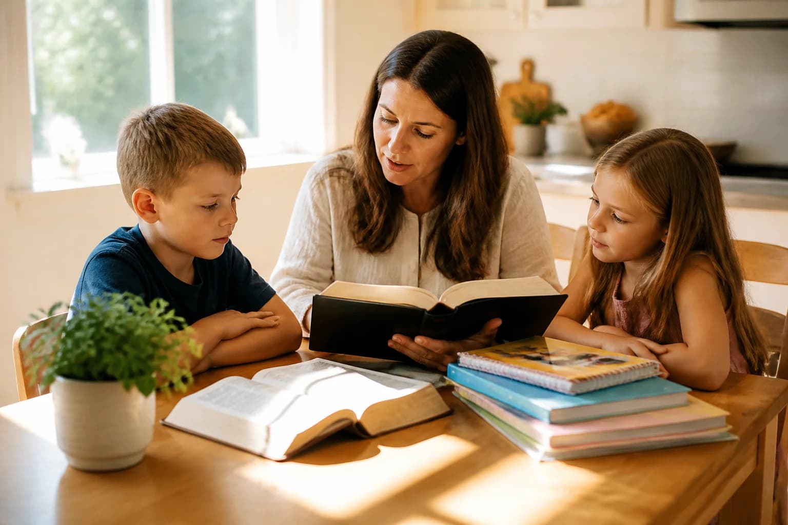 A family at a kitchen table with an open Bible beside a stack of homeschool workbooks, a mother reading aloud to two children