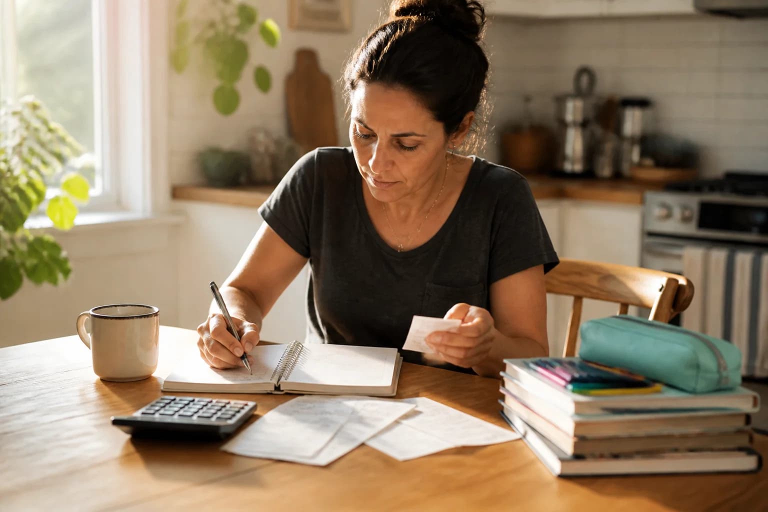 A parent at a kitchen table with a calculator, receipts, a notebook budget and school supplies