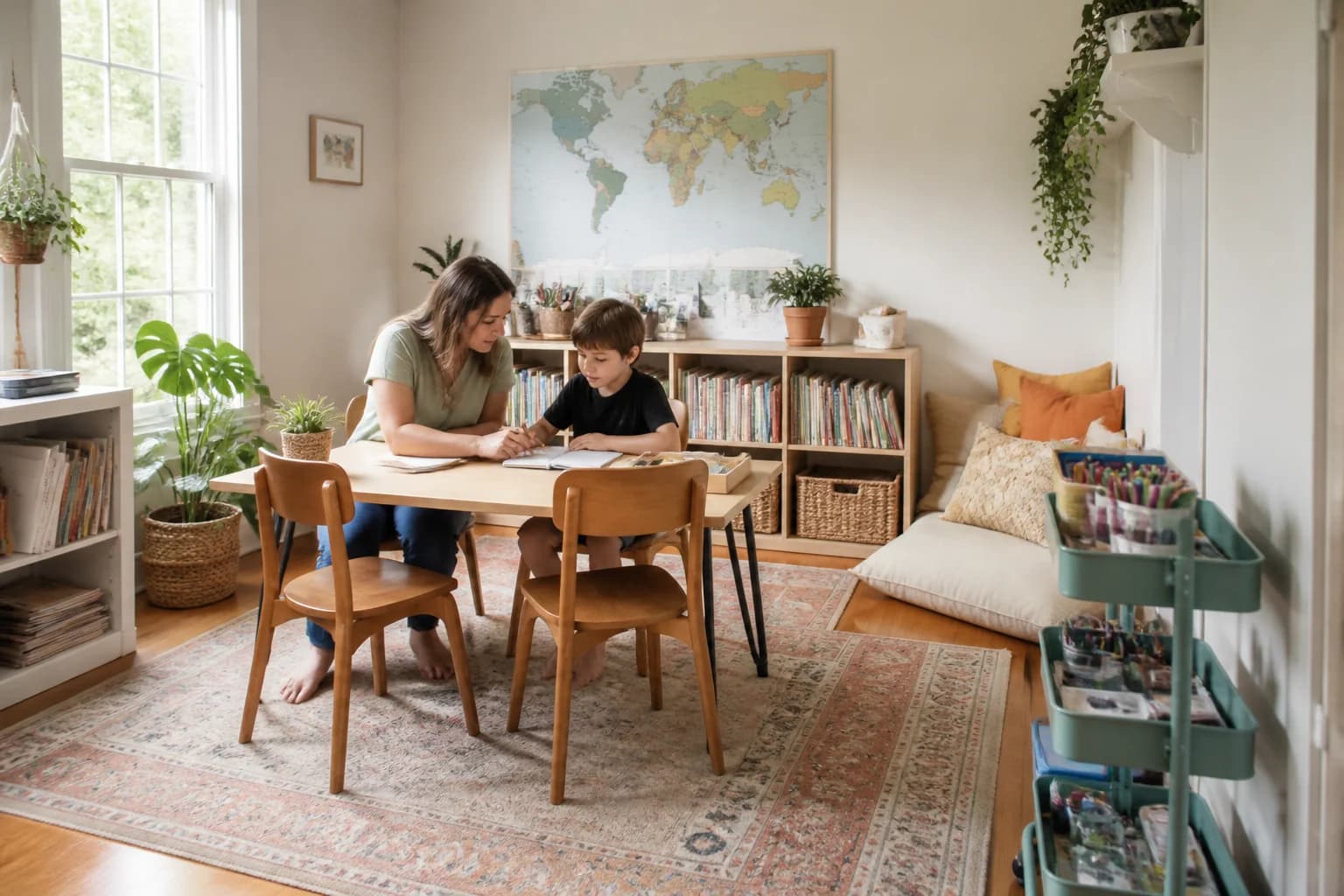 A bright homeschool room with low bookshelves, a world map, a small table, a reading nook and a supply cart