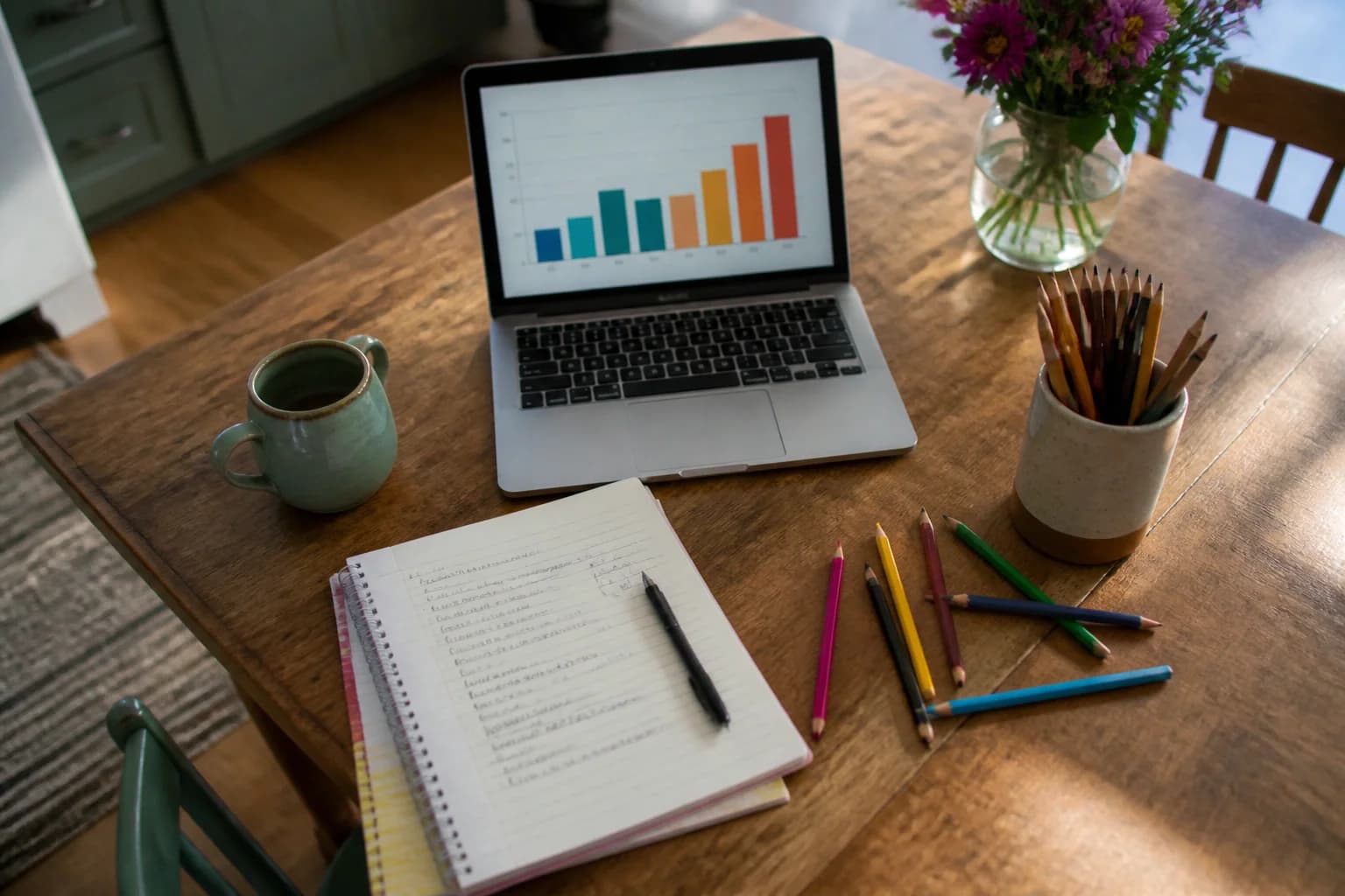 An overhead view of a kitchen table with a laptop showing a simple bar chart and handwritten notes