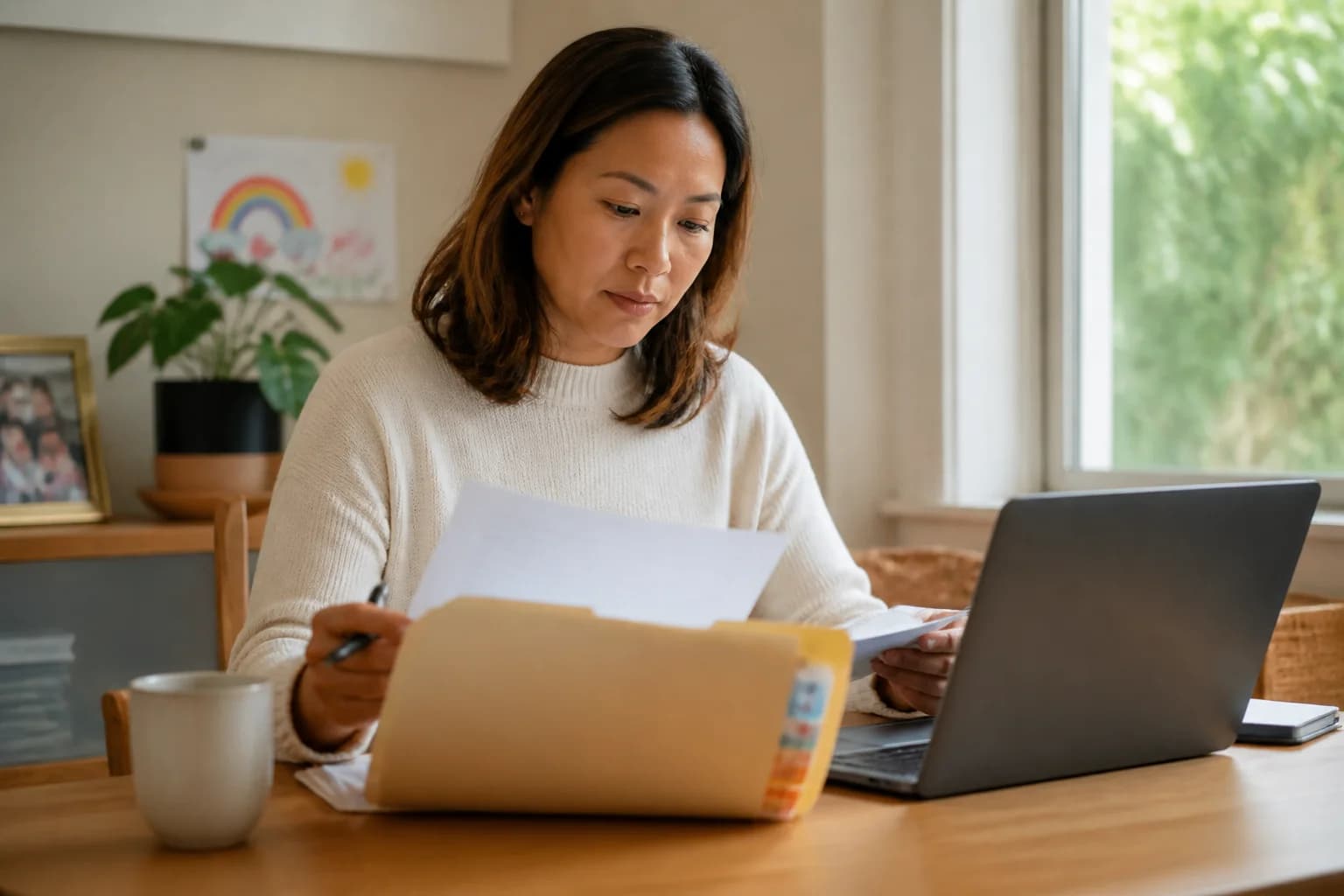 A parent reviewing paperwork and a laptop at a home desk with a tabbed folder