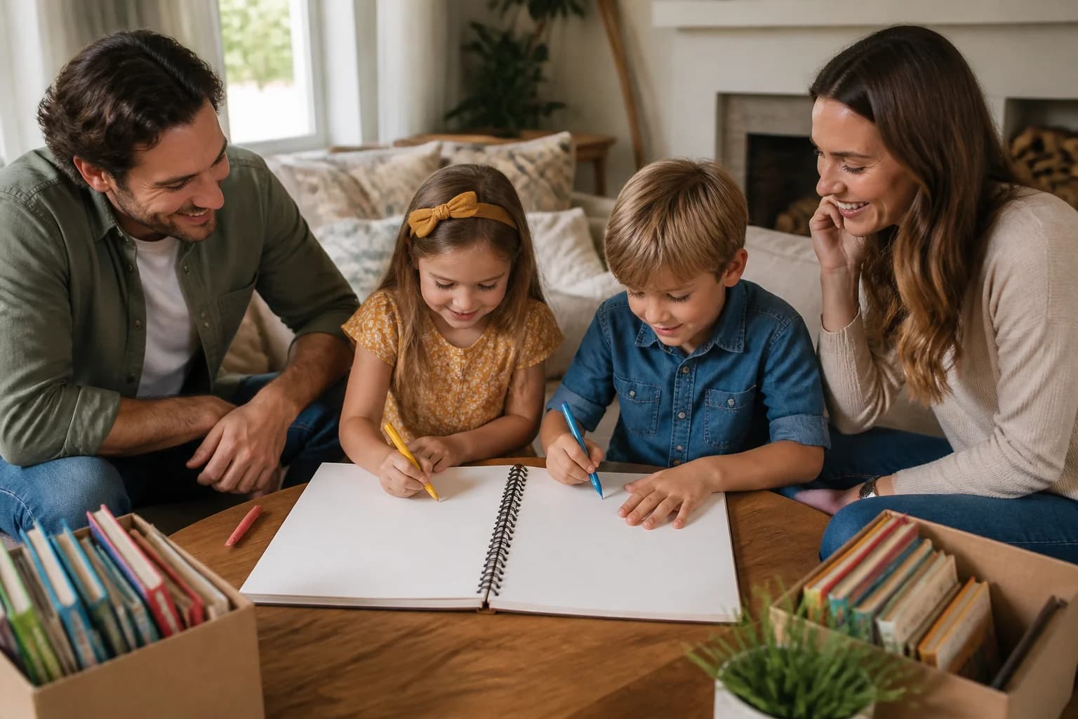 A family of four around a coffee table with a blank planner open, children drawing, new books nearby