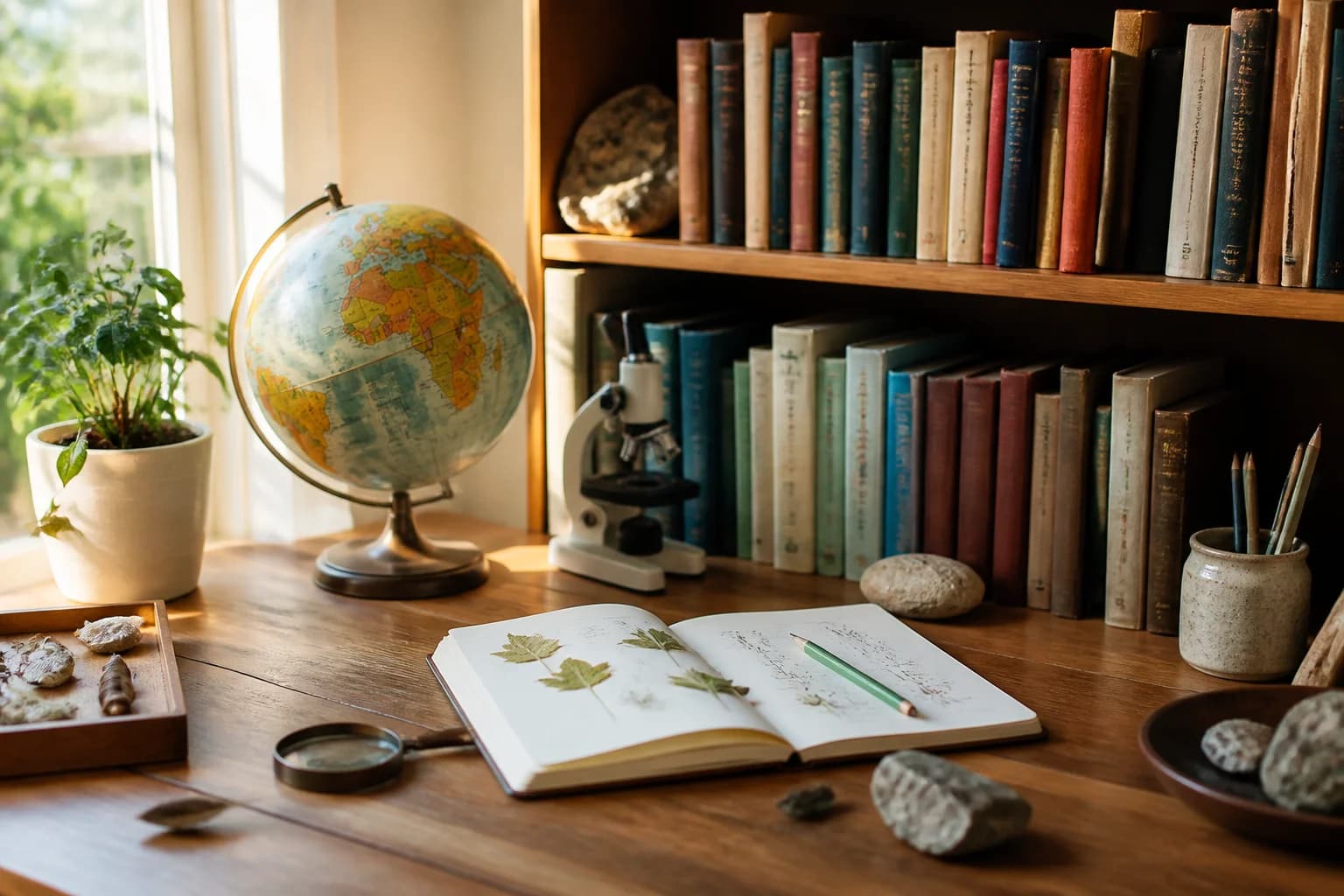 A shelf of science and history books with a globe, a microscope and a nature journal on a desk