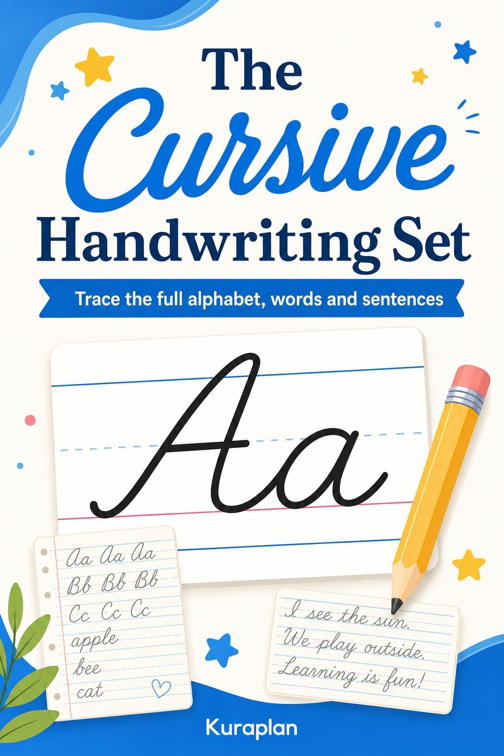 Cover of the Cursive Handwriting Set: a large cursive Aa on a four-line handwriting guide