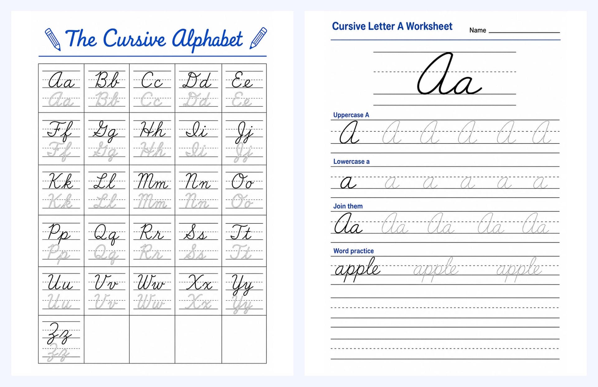 Sample spread: the cursive alphabet chart and the letter A worksheet