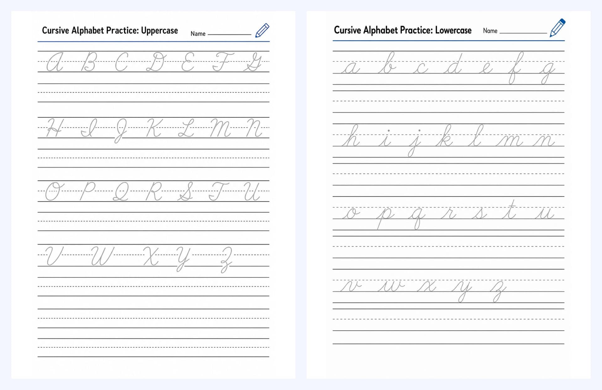 Sample spread: uppercase and lowercase alphabet practice sheets