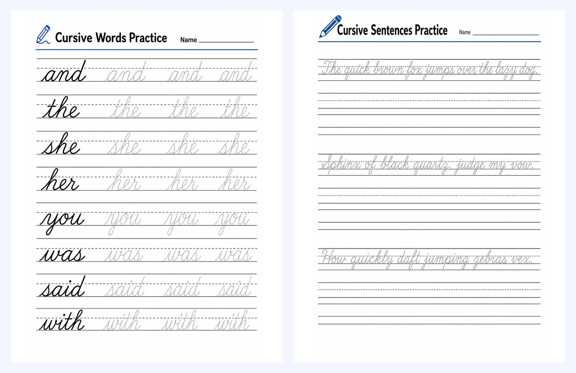 Sample spread: cursive words practice and sentences practice