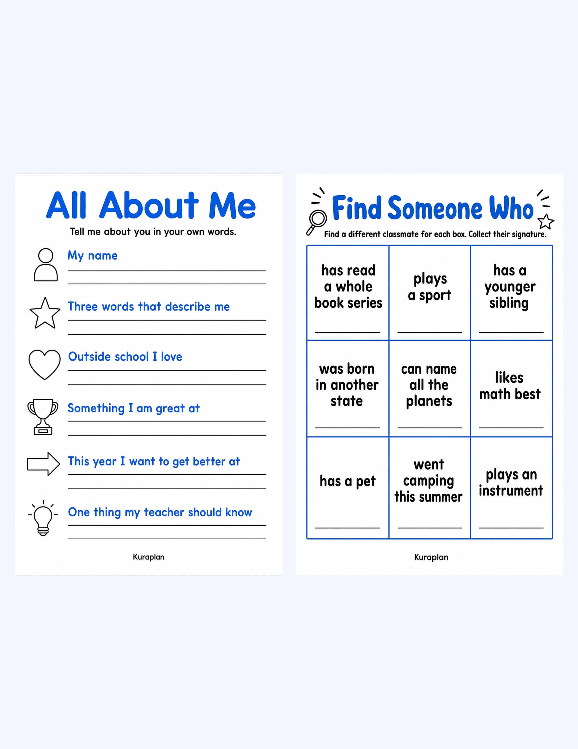Sample spread: All About Me worksheet and Find Someone Who icebreaker