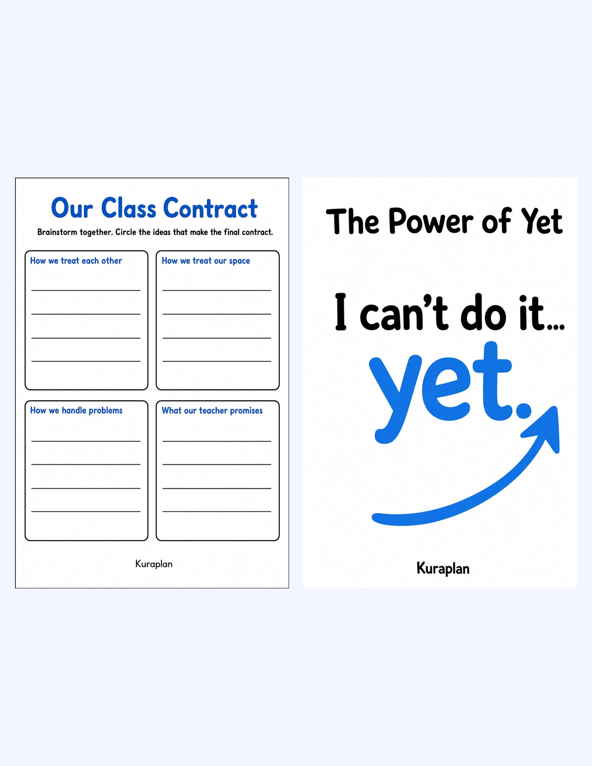 Sample spread: class contract builder and The Power of Yet poster
