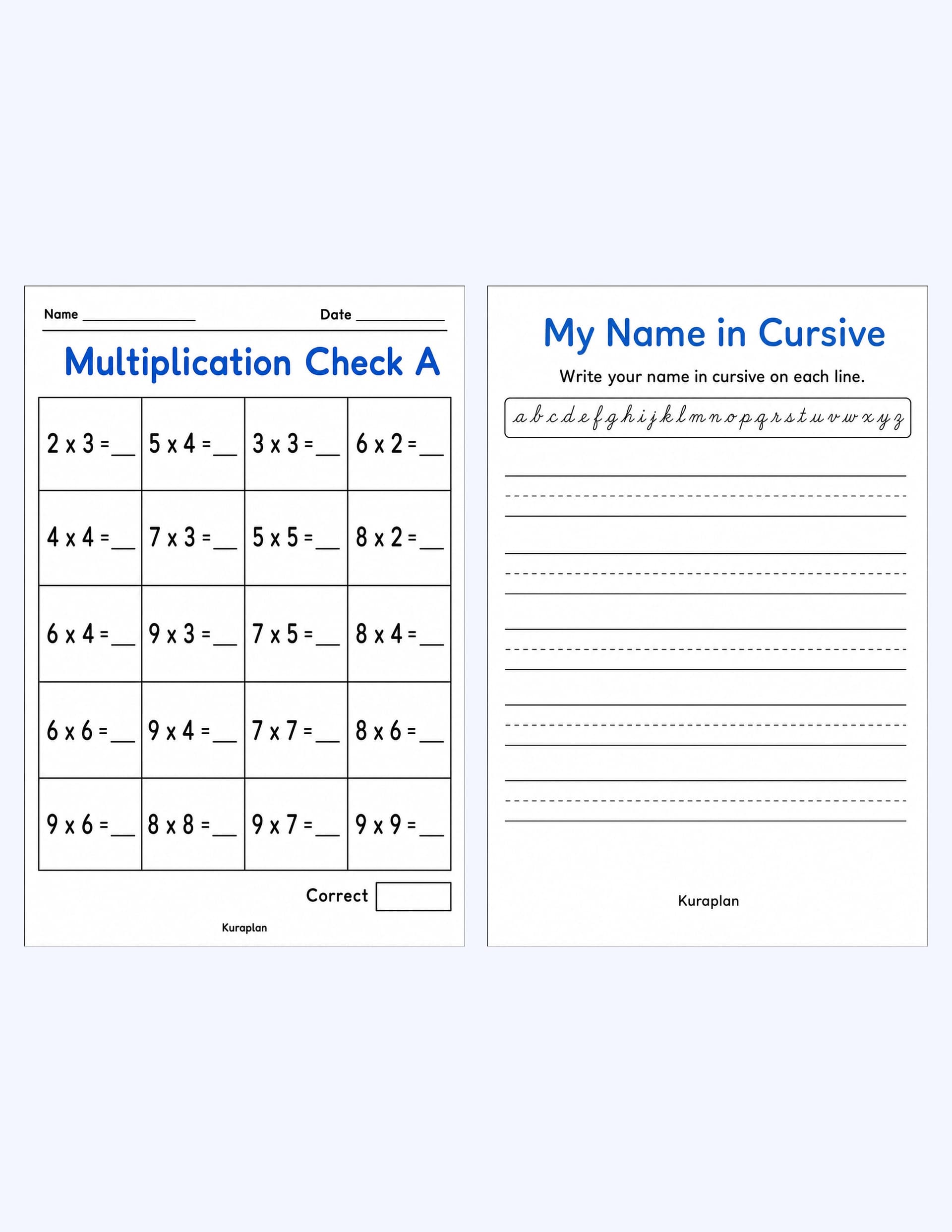 Sample spread: multiplication baseline check and cursive name practice