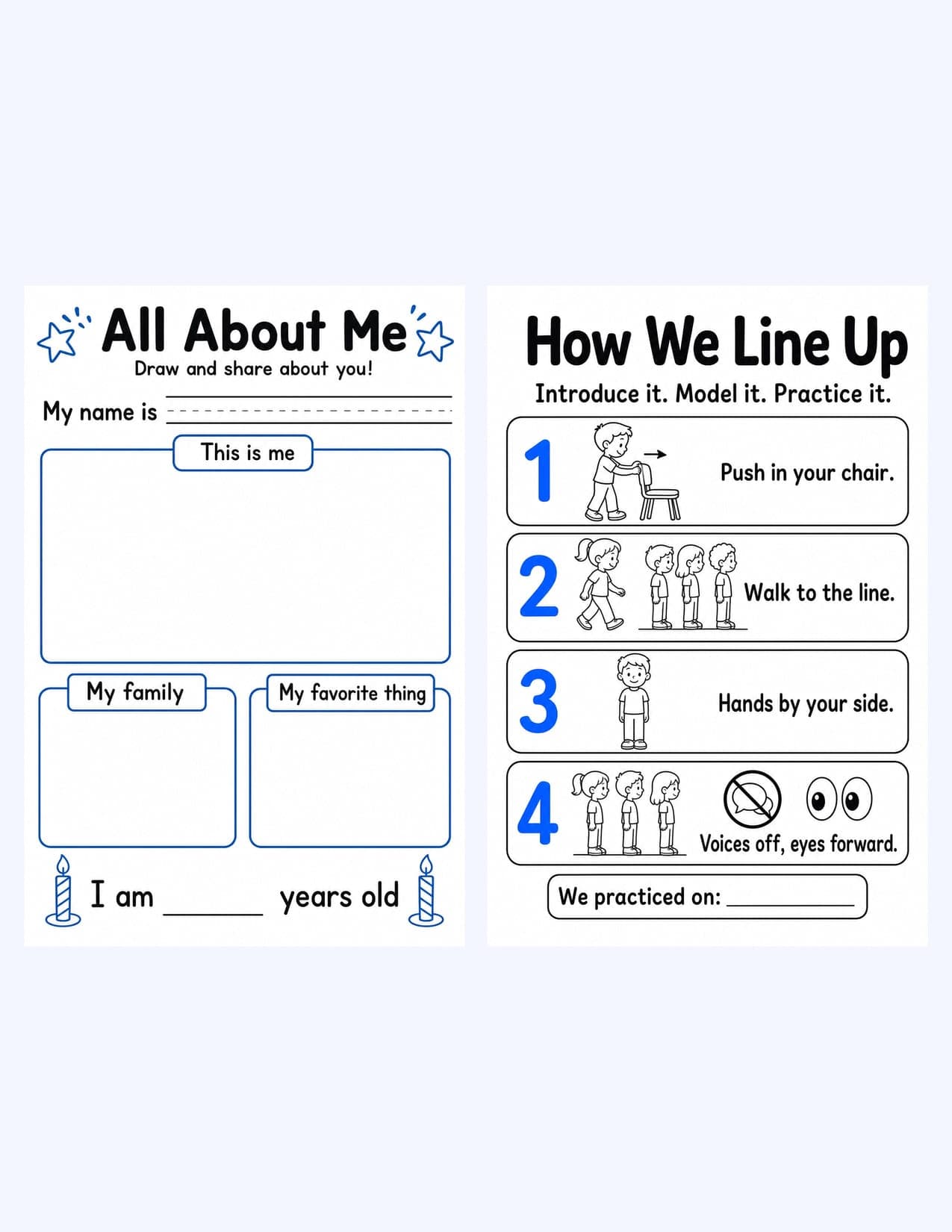 Two sample pages from the First Week Pack: an all-about-me worksheet and a lining-up procedure poster