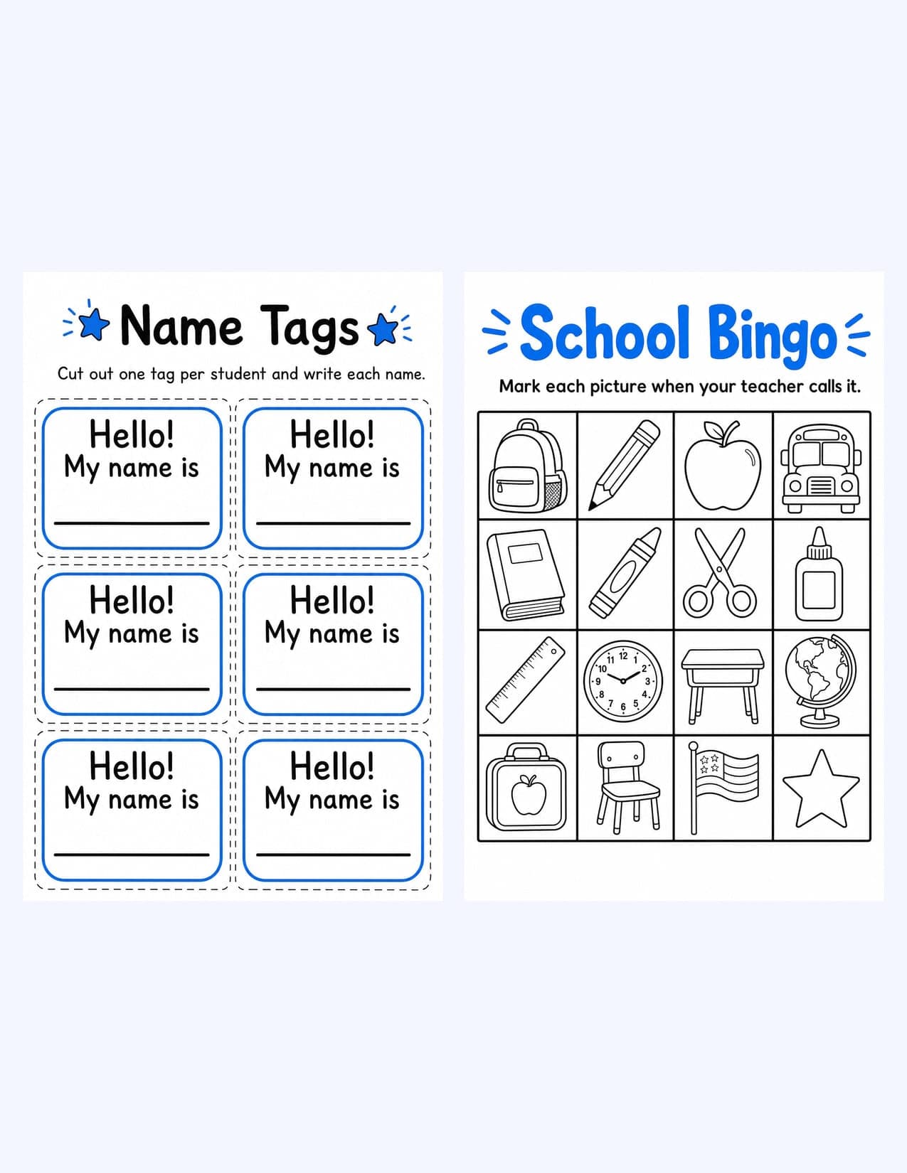 Sample pages from the First Week Pack: name tags and back-to-school picture bingo