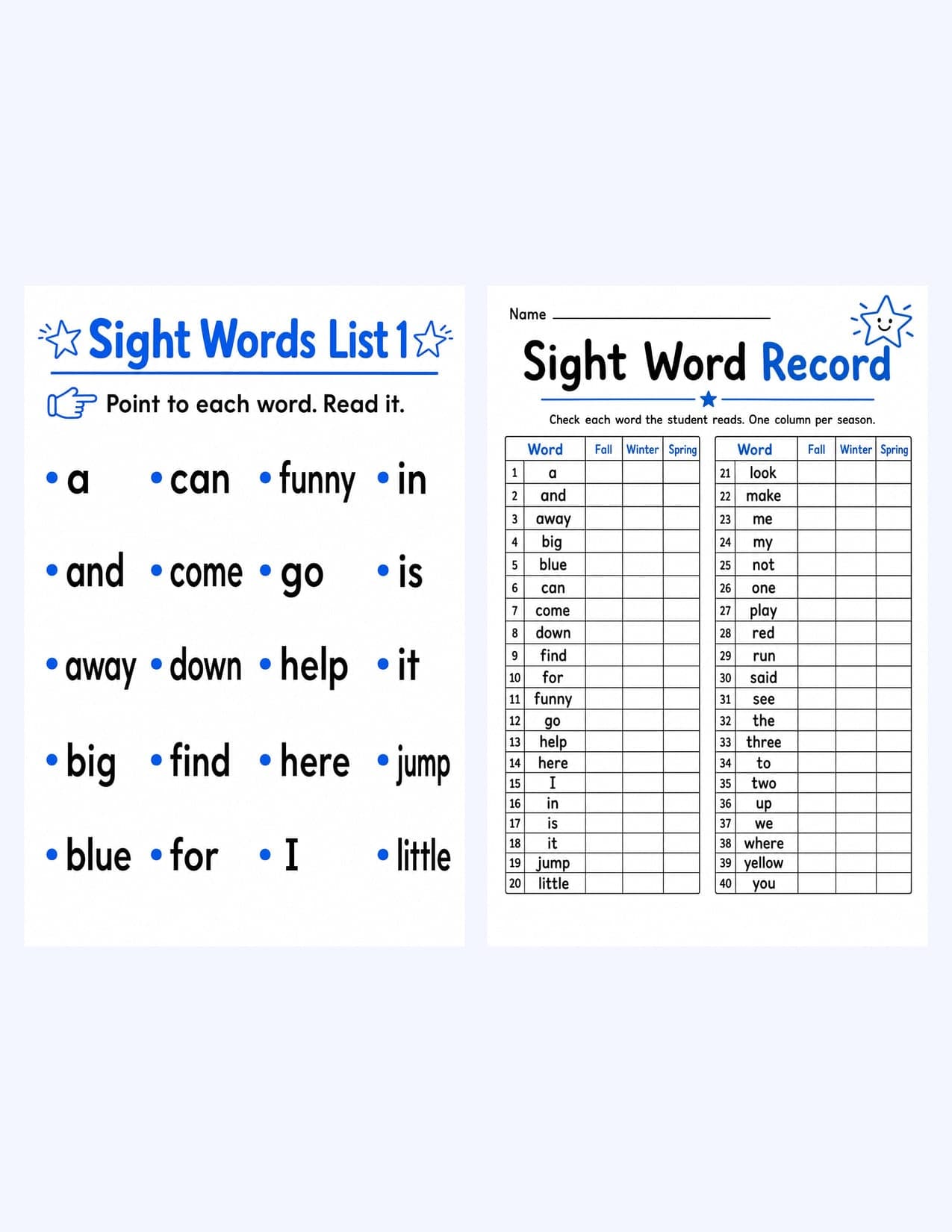 Sample spread: Dolch pre-primer sight word card and recording sheet