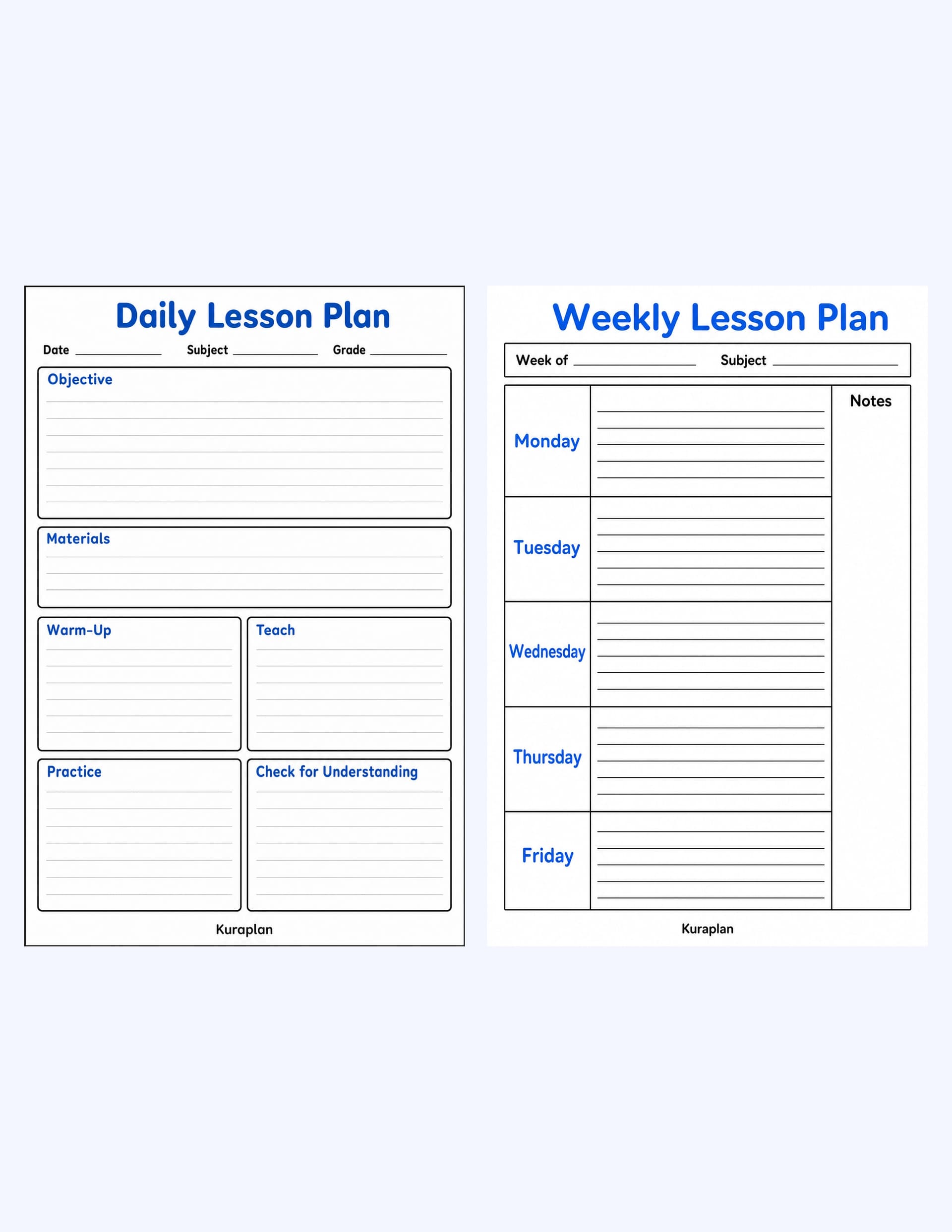 Sample spread: daily and weekly lesson plan templates