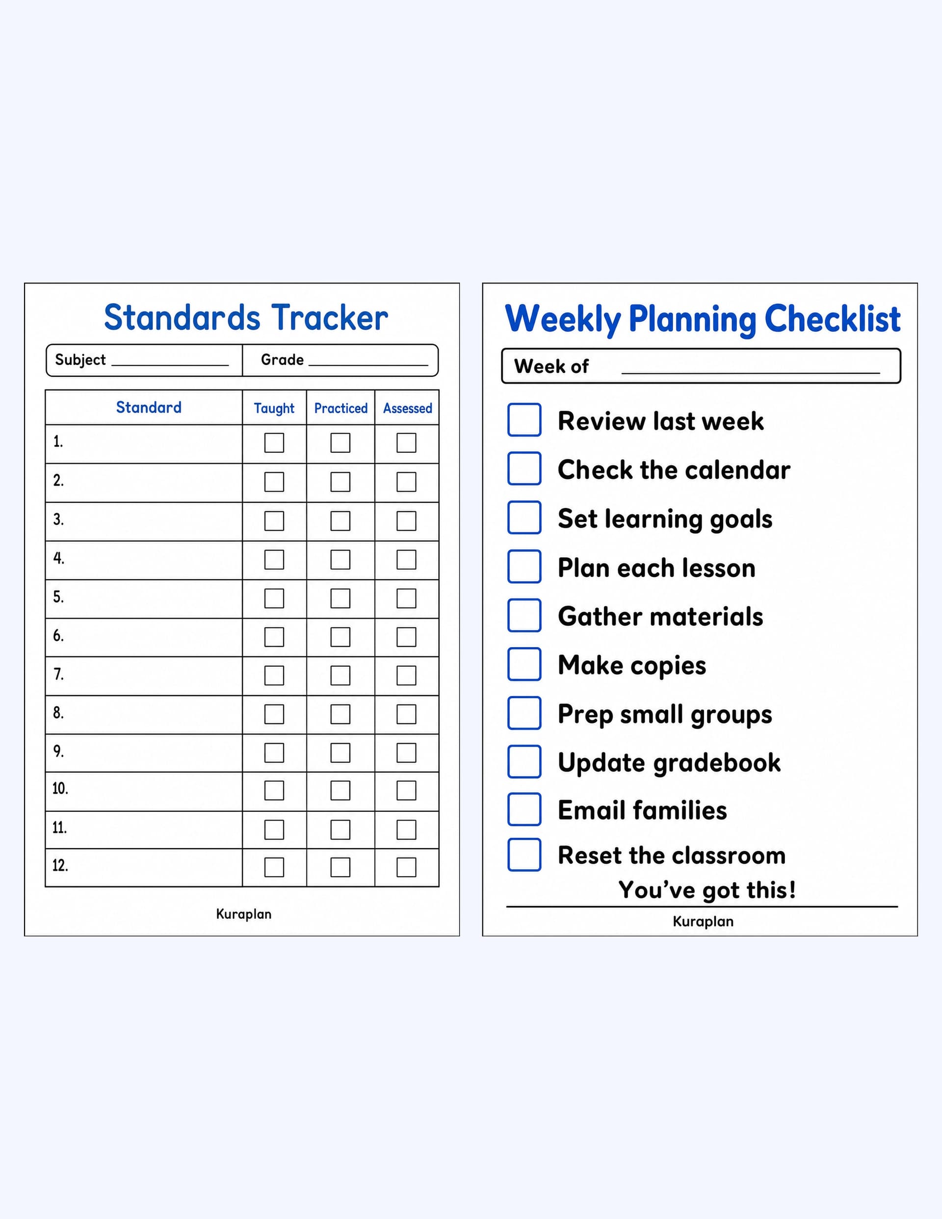 Sample spread: standards coverage tracker and weekly planning checklist