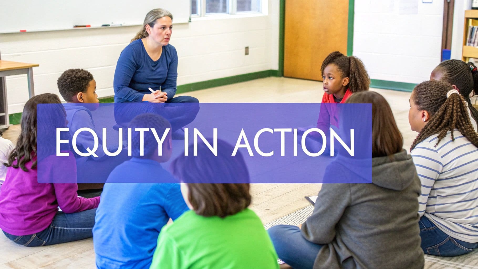 A teacher and diverse students sit in a circle on the floor, discussing 'Equity in Action'.