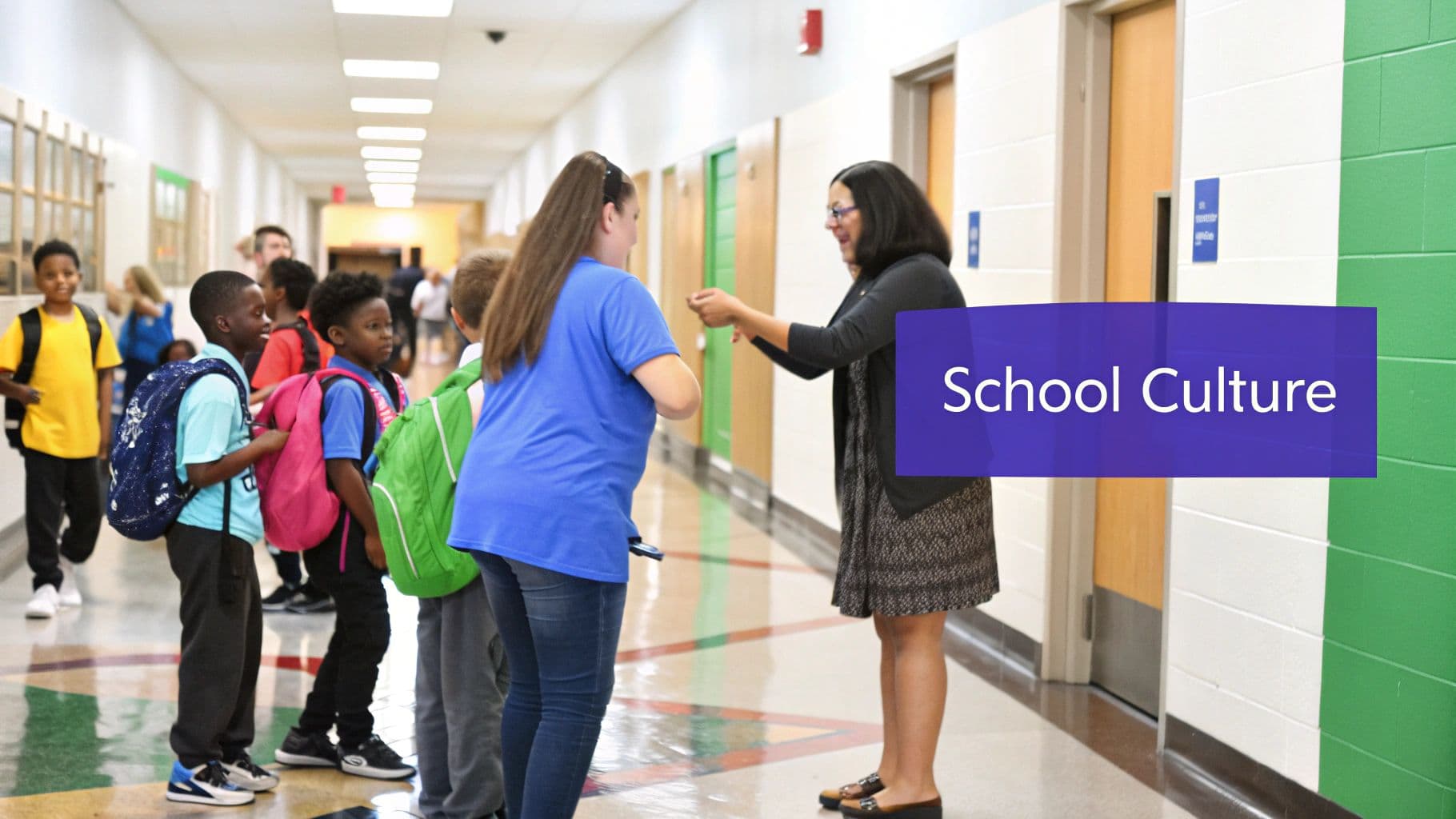 Adult staff warmly interacting with students in a bright school hallway, fostering a positive school culture.