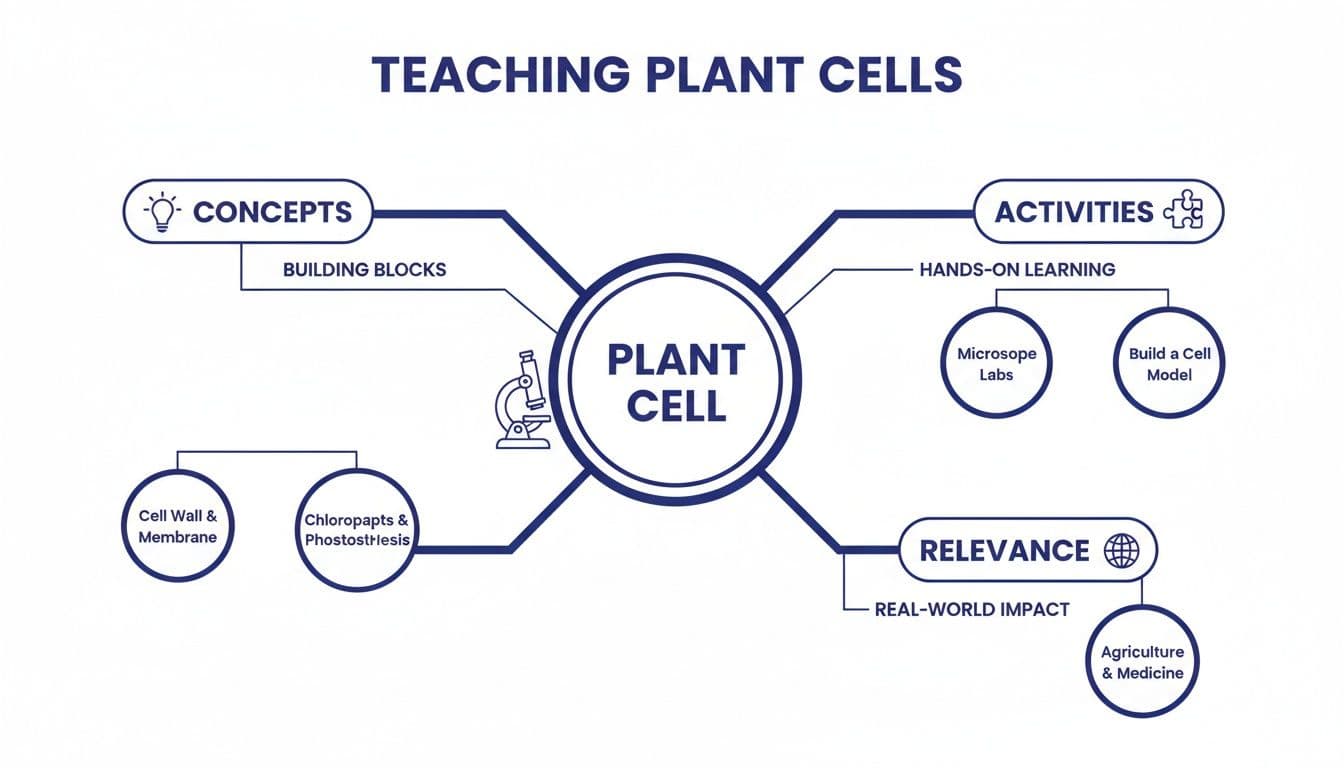 A diagram outlining methods for teaching plant cells, covering concepts, hands-on activities, and real-world relevance.