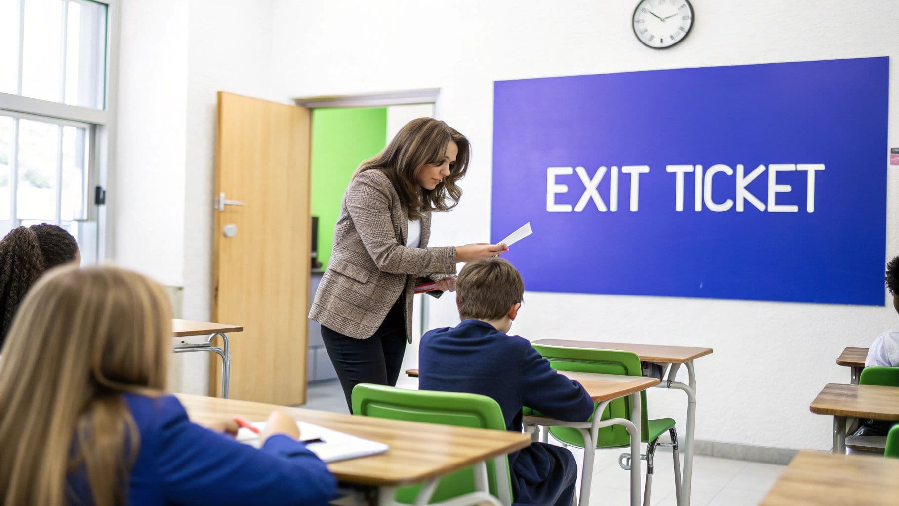 A female teacher helps a student with an exit ticket in a bright classroom, other students are visible.