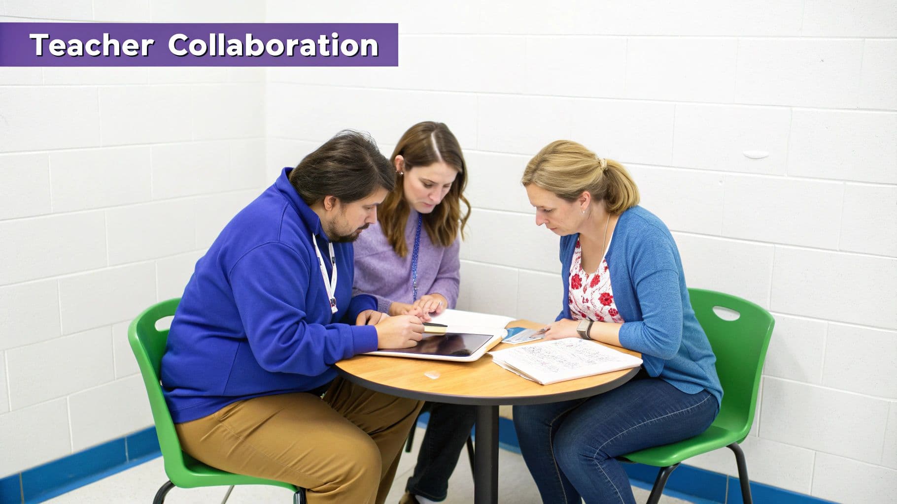 Three teachers collaborate around a round table, looking at a tablet and documents in a brightly lit room.
