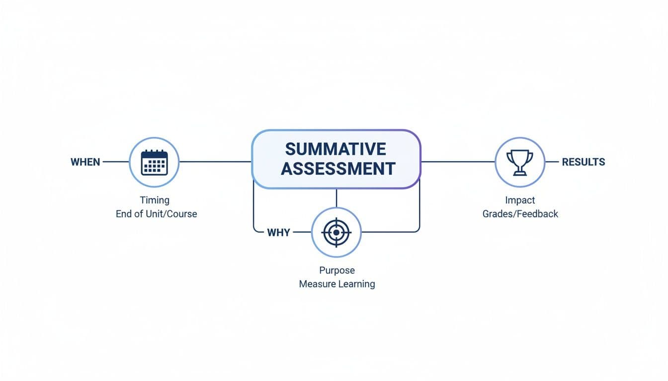 Diagram illustrating summative assessment, detailing its timing (end of unit), purpose, and impact (grades/feedback).