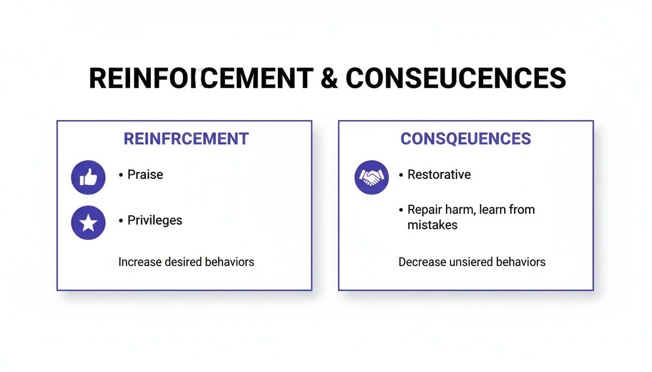 An educational diagram titled 'Reinforcement & Consequences' detailing methods to increase desired and decrease undesired behaviors.