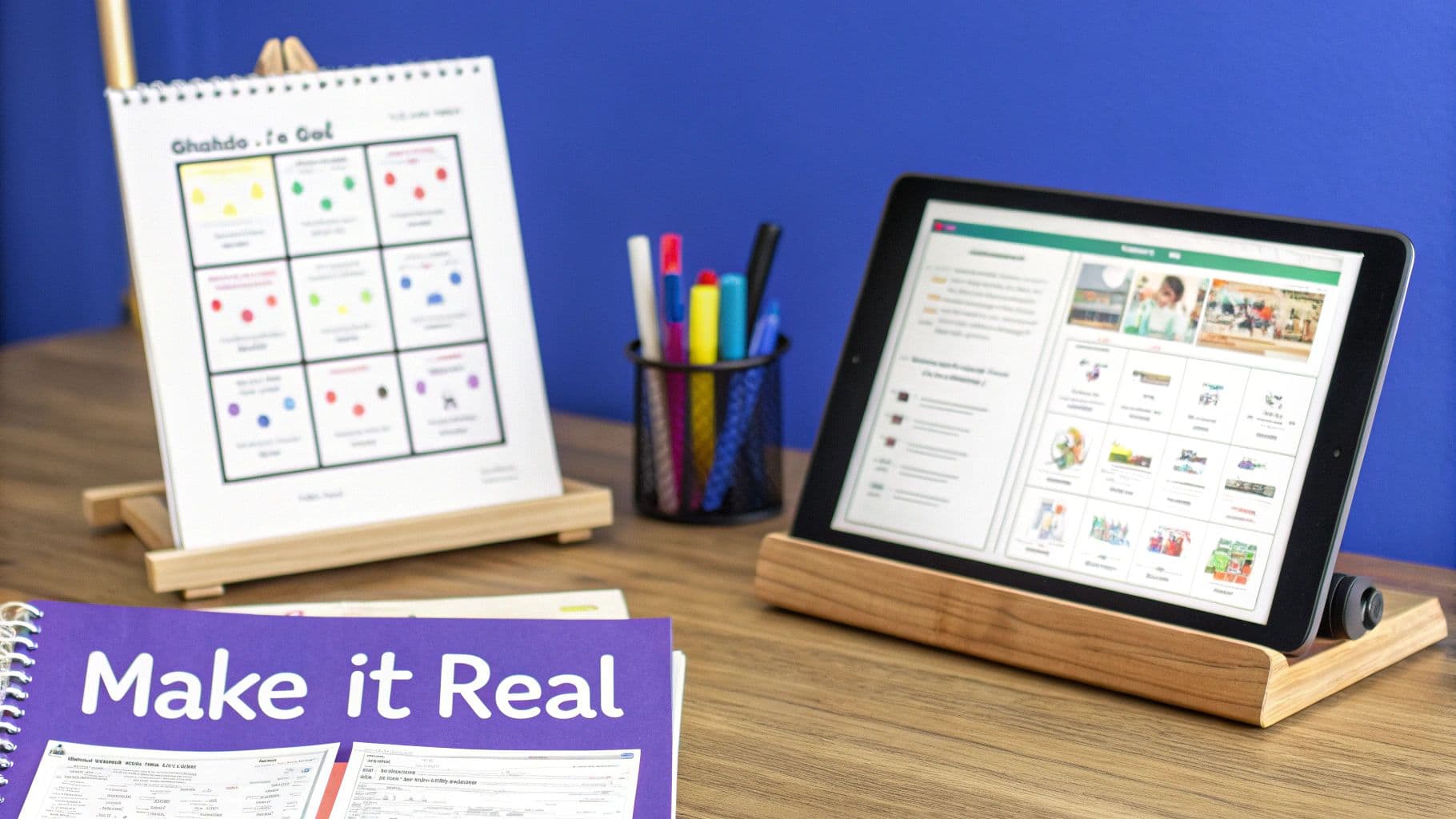 Educational workspace with a notebook, tablet, pens, and 'Make it Real' book on a wooden desk.
