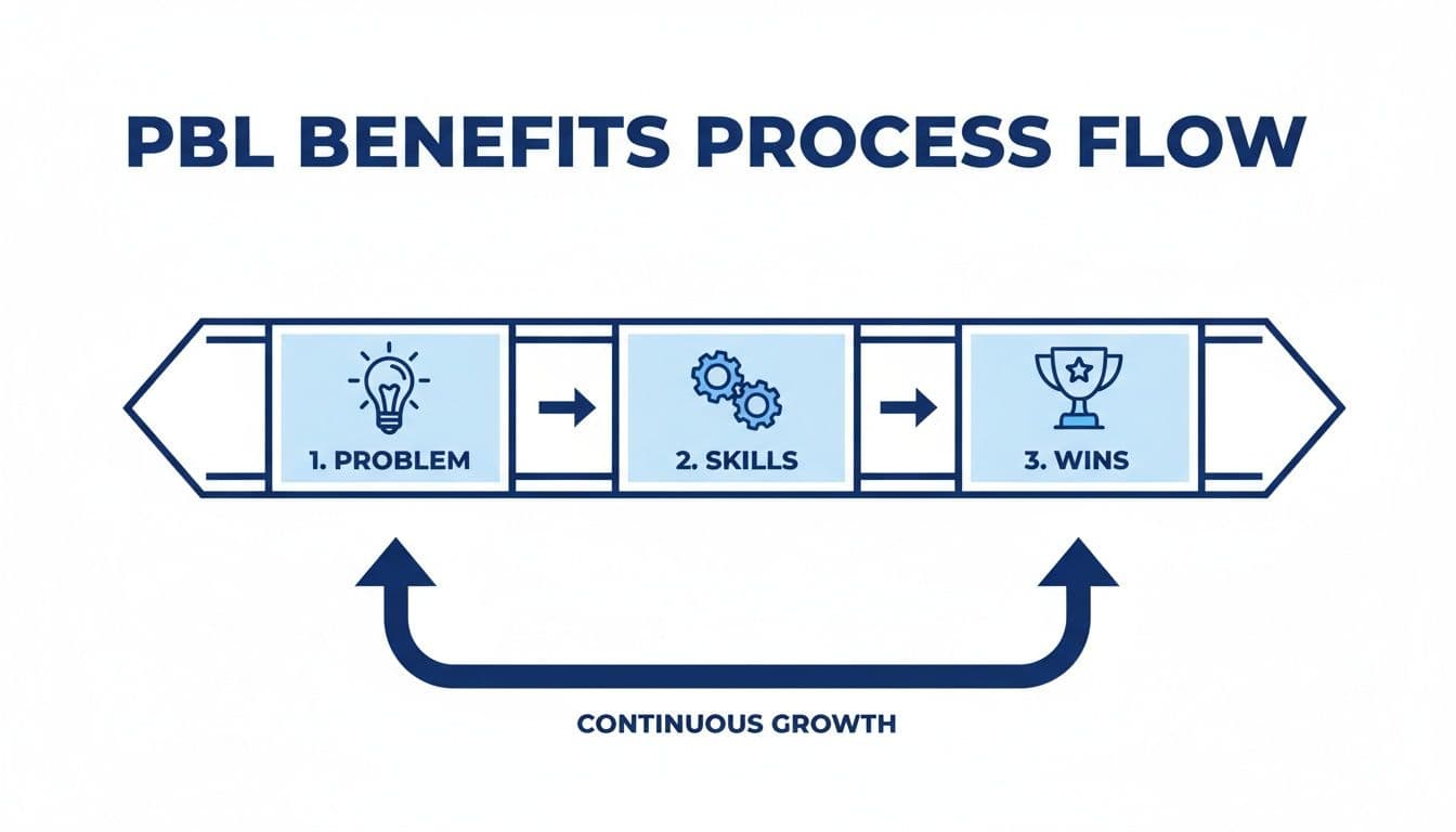 Infographic showing the process flow of problem-based learning from a problem, to skills, to wins.