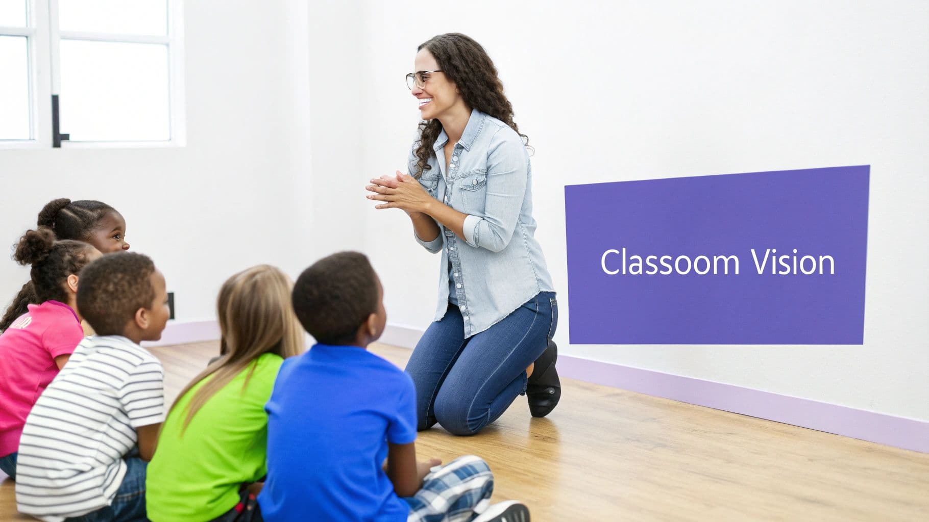 A smiling teacher kneeling in a bright classroom, engaging with diverse young children sitting on the floor.