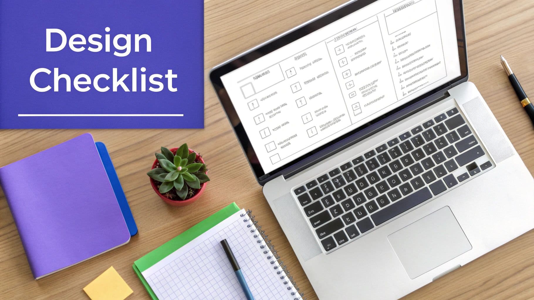 Overhead view of a design checklist on a laptop, surrounded by stationery on a wooden desk.