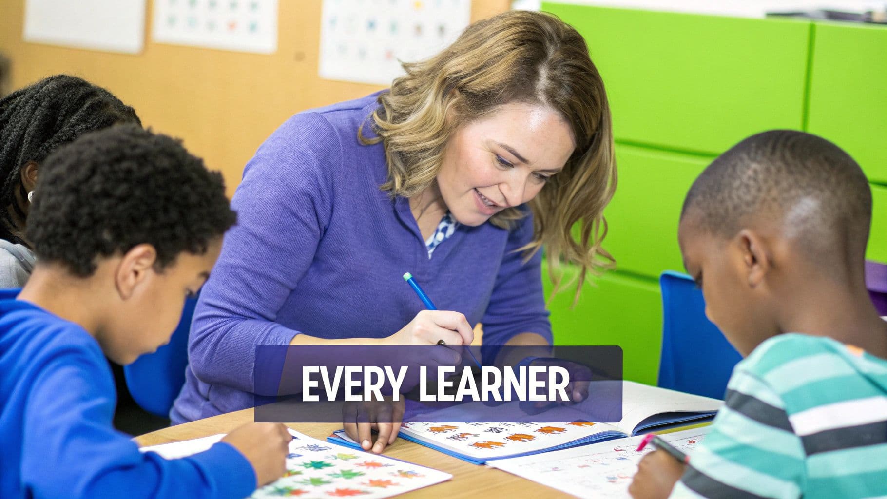 Smiling teacher assisting diverse students with colorful learning activities in a classroom.