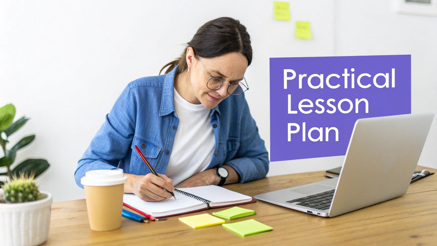 A woman in glasses diligently writes in a notebook at a desk, planning lessons.