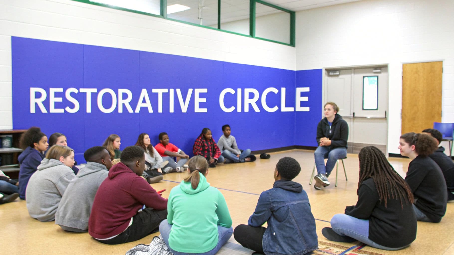 A diverse group of students and an adult sitting in a restorative circle discussion.