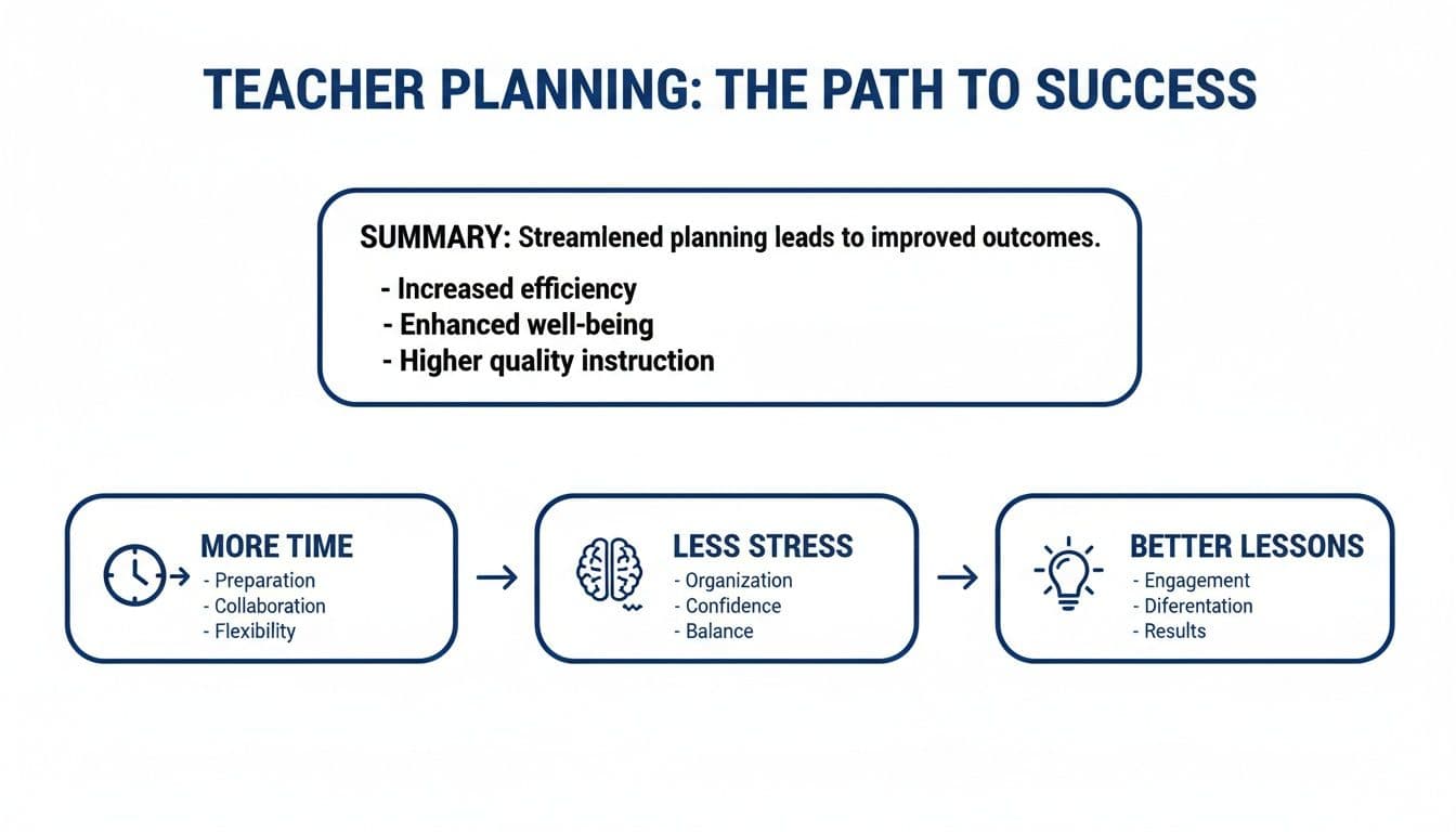 Flowchart illustrating teacher planning's path to success, leading to more time, less stress, and better lessons.