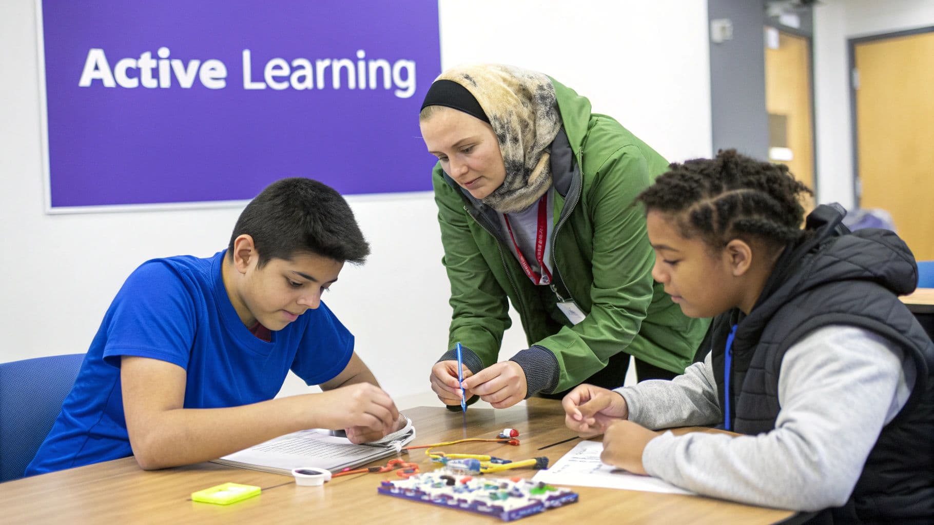 An instructor helps two diverse students work on an electronics project with an “Active Learning” sign.