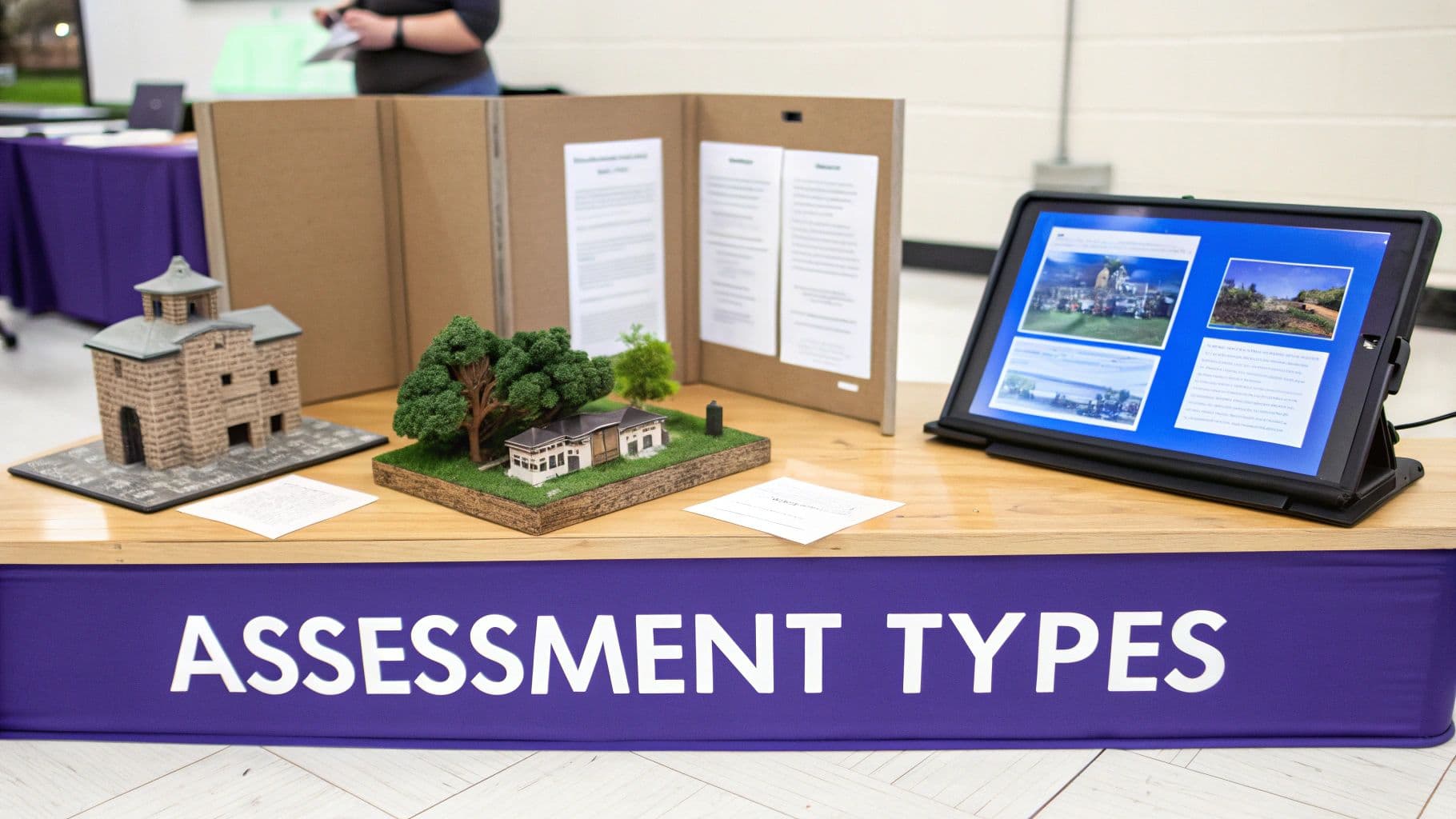 A display on 'Assessment Types' with miniature building models, trees, a cardboard info board, and a tablet.