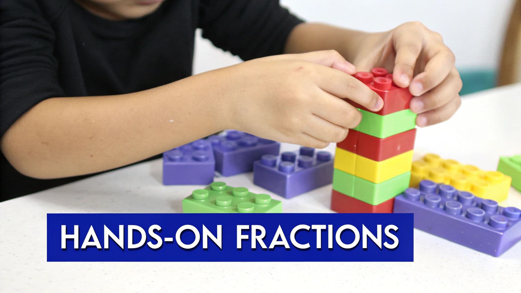 A child's hands stacking colorful building blocks for hands-on fractions learning.