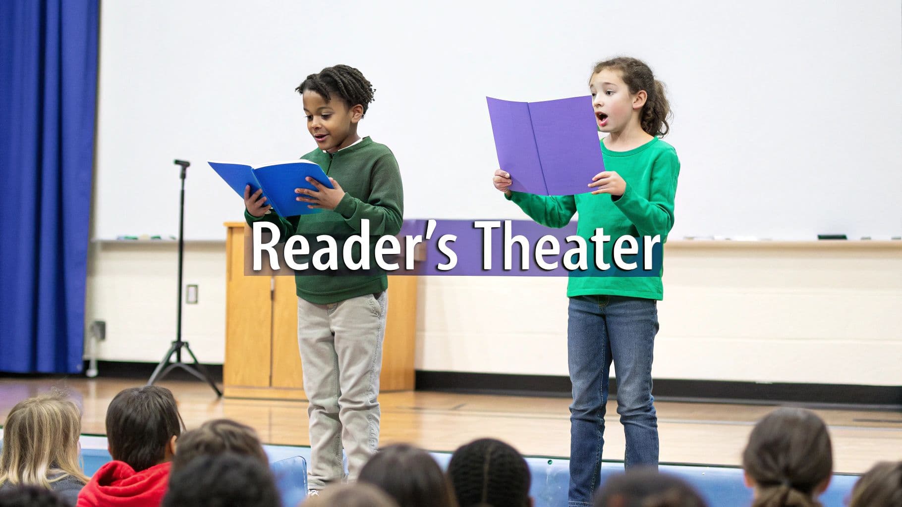 Two diverse children perform Reader's Theater on stage, reading scripts from books for an audience.