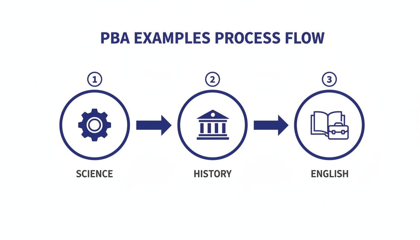 A process flow diagram illustrating three examples of performance-based assessments: Science, History, and English.