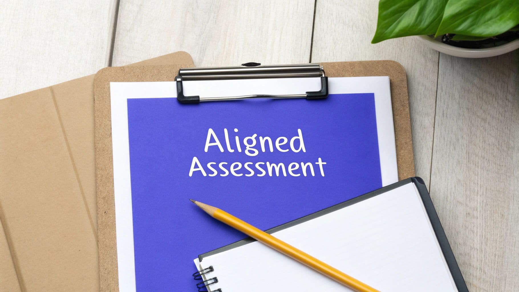 A clipboard with a blue paper displays 'Aligned Assessment', alongside a pencil and notebook.