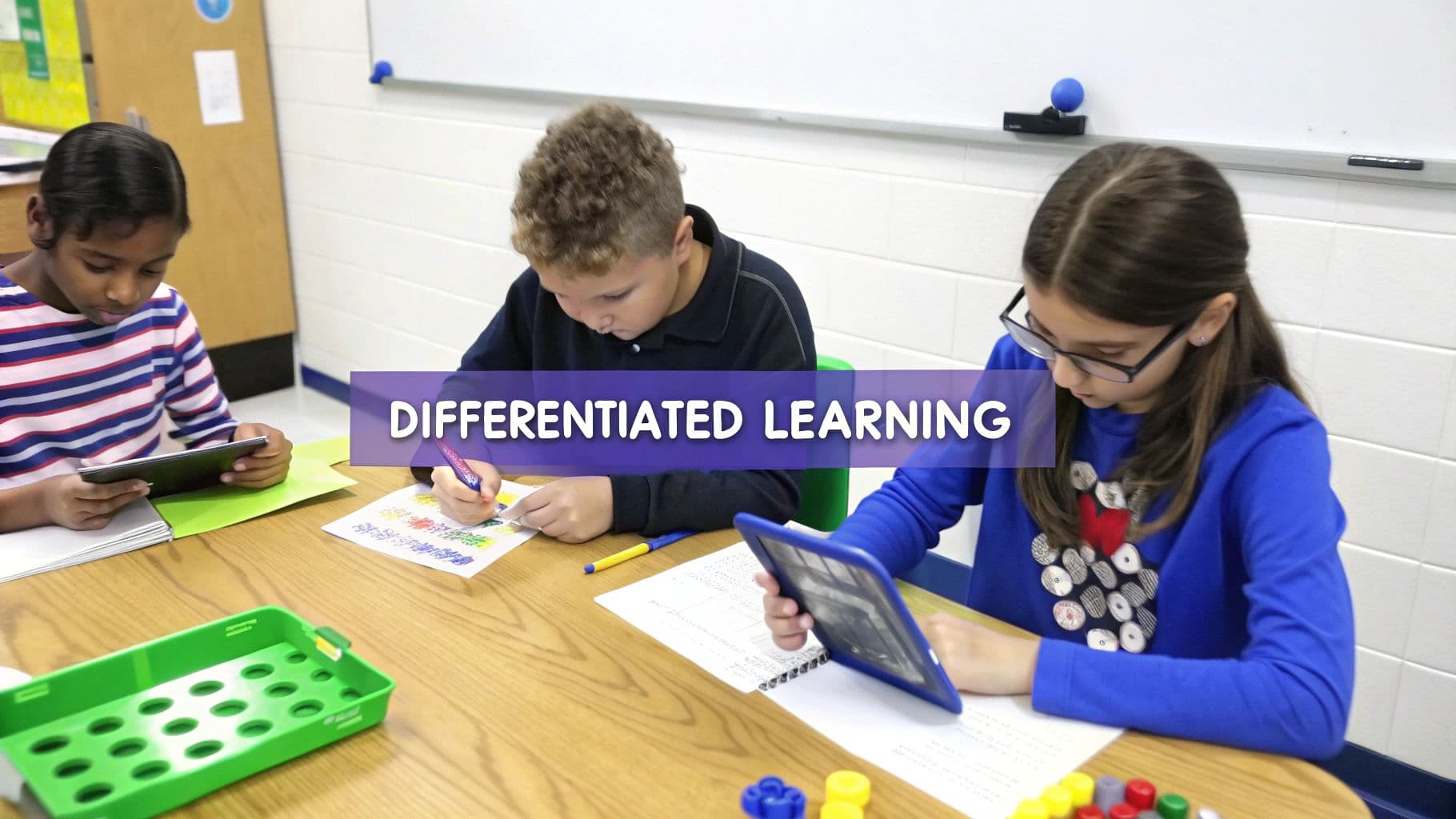 Diverse students in a classroom engage in differentiated learning activities with tablets and art.