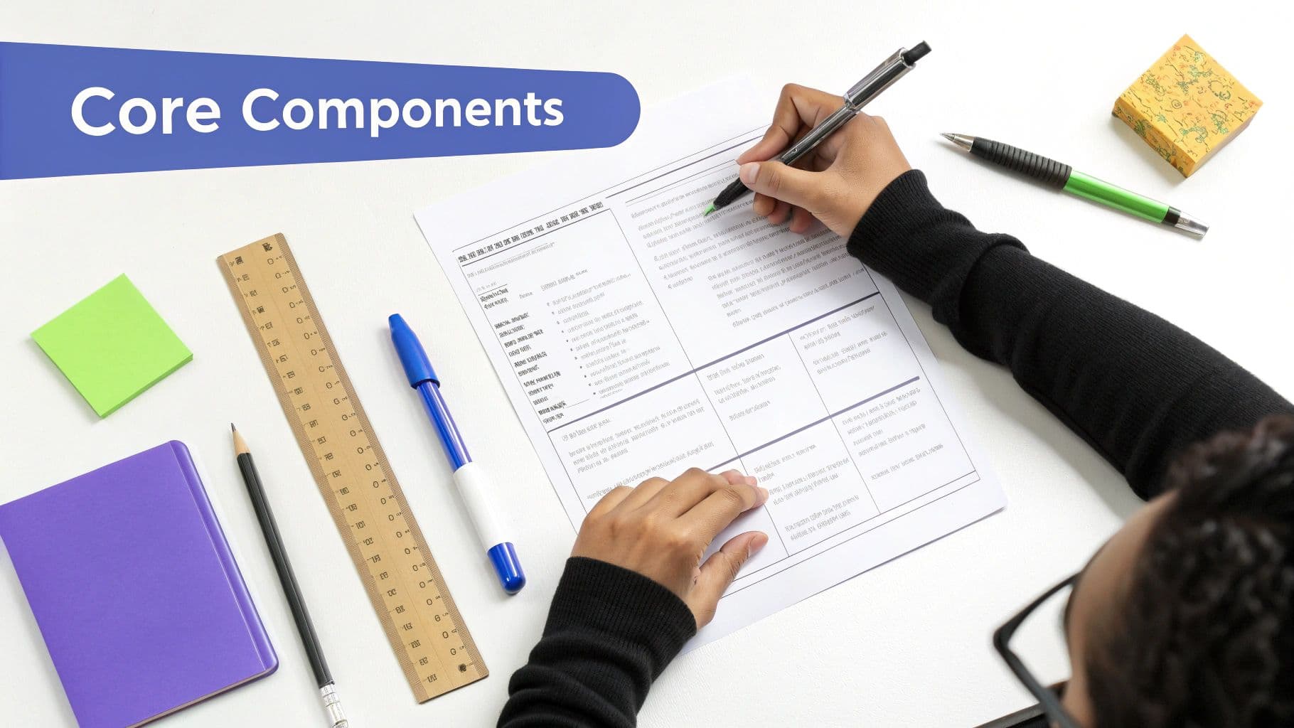 A person writes on a detailed document with a pen, surrounded by desk accessories and a 'Core Components' banner.
